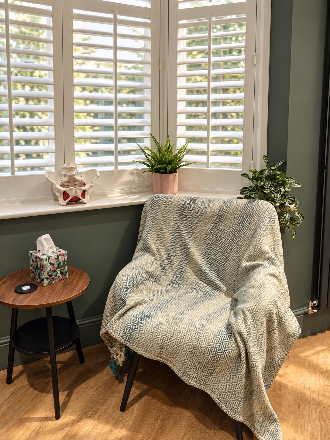 A comfortable chair beside white shutters and plants in Ailsa’s clinic